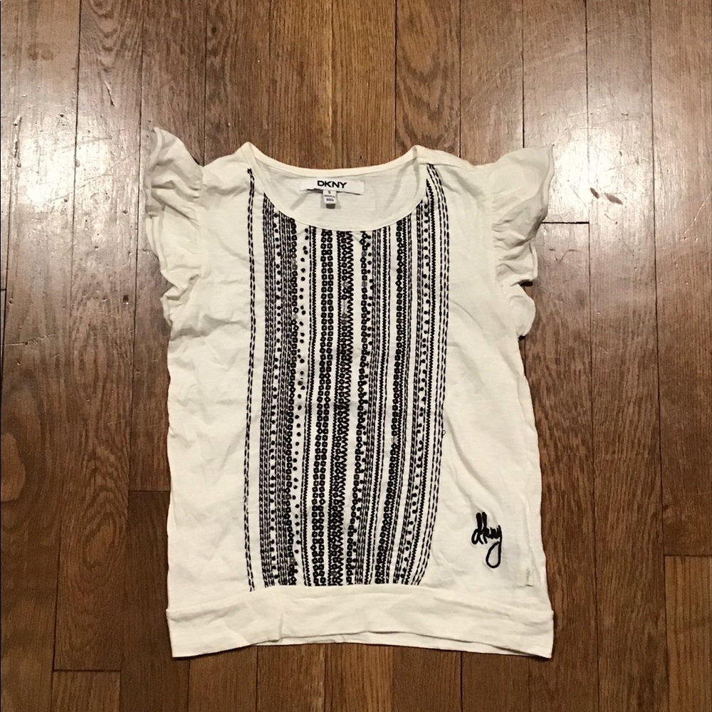 DKNY Cream Youth Top w/ Black Sequin and Ruffle